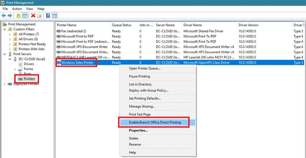 روی Enable Branch Office Direct Printing کلیک کنید