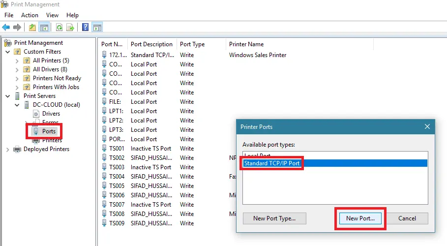 روی Standard TCP/IP Port