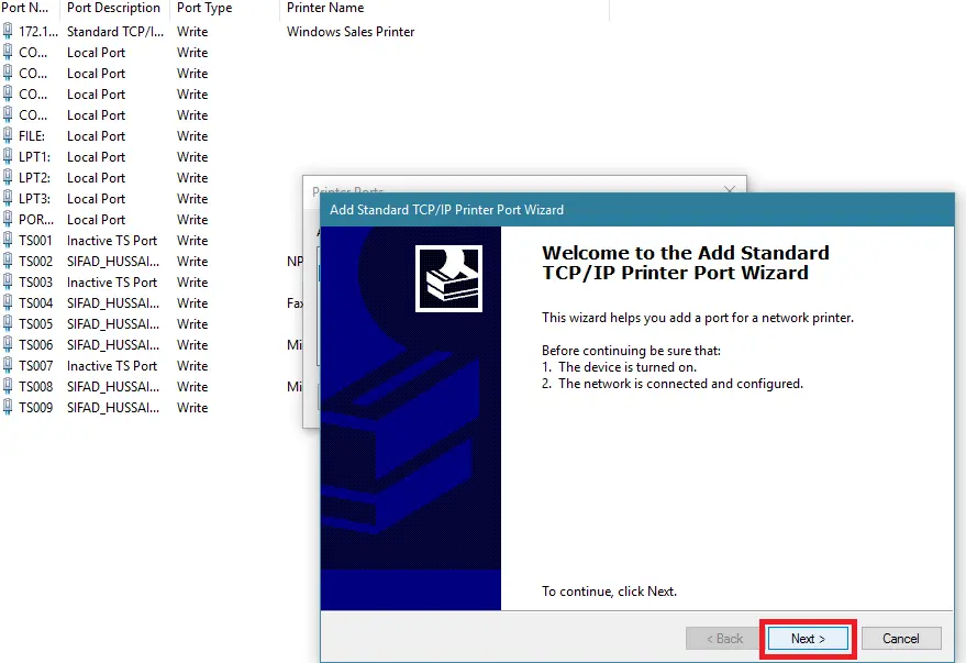 در Add Standard TCP/IP Printer Port Wizard، روی Next کلیک کنید