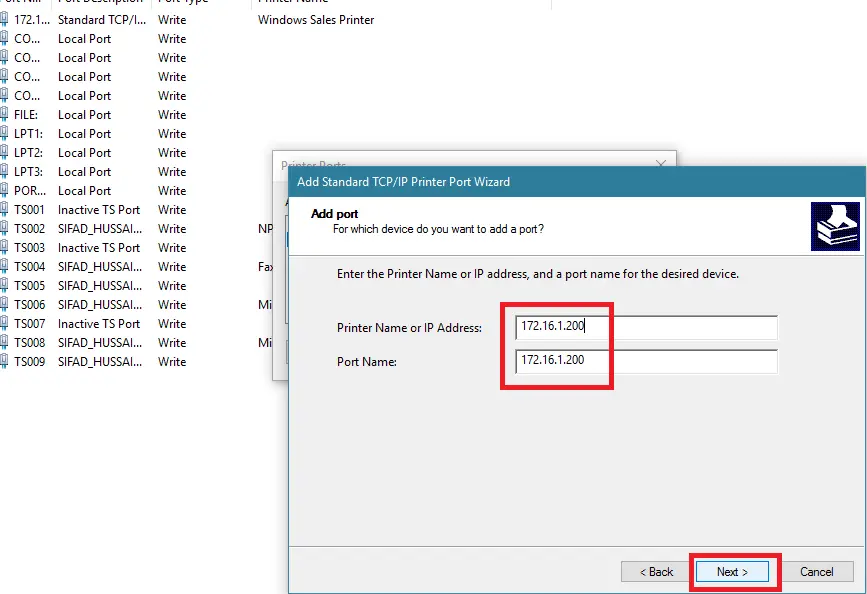 در Printer Name یا IP Address، 172.16.1.200 را تایپ کنید