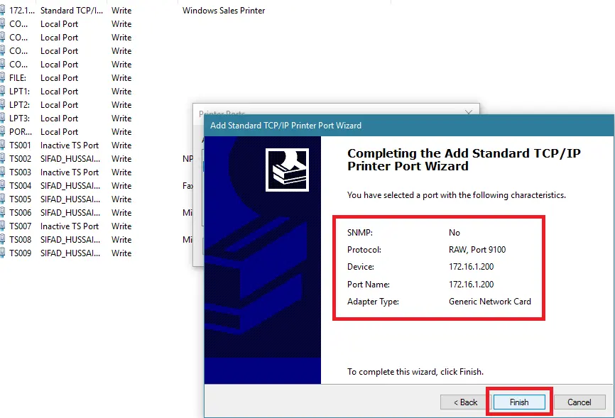 برای بستن Add Standard TCP/IP Printer Port Wizard روی Finish کلیک کنید