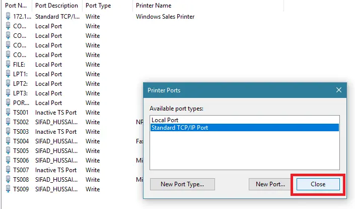 برای بستن کادر محاوره ای Ports Printer روی Close کلیک کنید