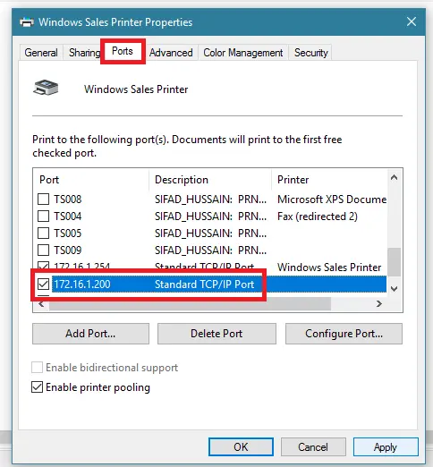 Enable printer pooling را انتخاب کنید و سپس بر روی پورت 172.16.1.200 کلیک کنید تا آن را به عنوان پورت دوم انتخاب کنید