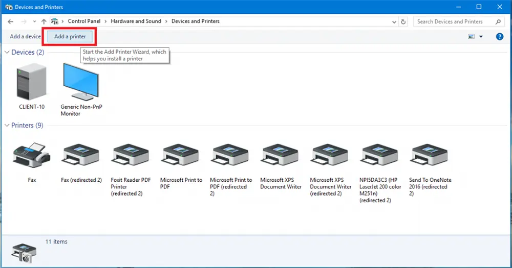 در کنسول Devices and Printers، روی Add a printer کلیک کنید