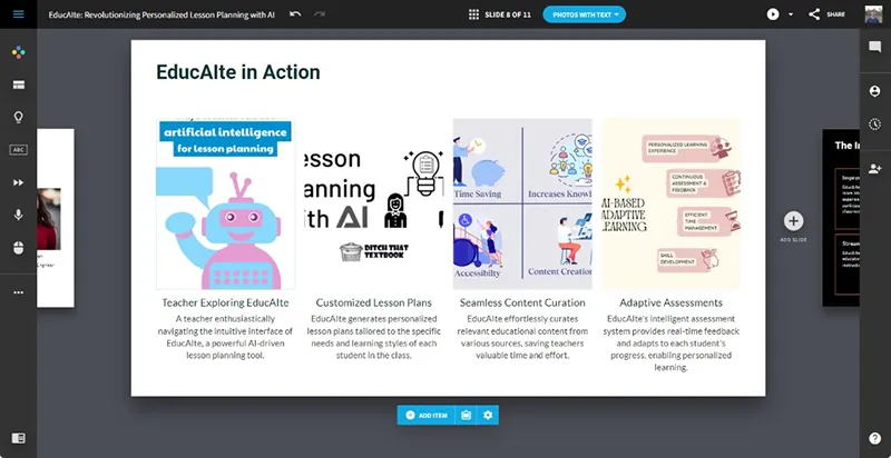 ابزار هوش مصنوعی Beautiful.ai با نامDesigner Bot شناخته می شود و به انتخاب قالب های مختلف برای هر اسلاید کمک می کند و سپس متن را با هوش مصنوعی پُر می کند.