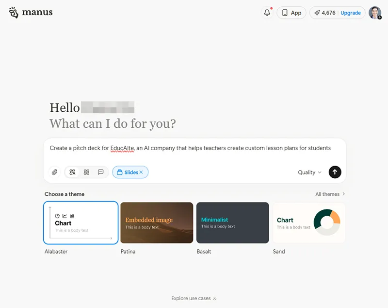 Manus با ترکیب چندین ابزار از این مجموعه، یک ابزار جامع تولید اسلاید نیز ارائه می کند.