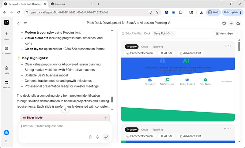 اسلایدهای Genspark به نظر می رسد محتوای بیشتری نسبت به اسلایدهای Manus دارند، اما به طور کلی شباهت زیادی با هم دارند.