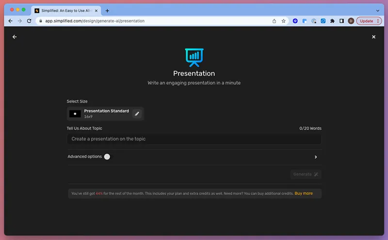 برای قابل ارائه کردن اسلایدها، نیاز است مقداری از متن تولید شده توسط Simplified کاهش یابد، با این حال شروع با مقدار مناسبی از محتوا مفید است.