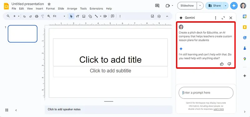 نسخه Gemini برای گوگل اسلاید همچنان در حال توسعه بوده و به ویژه برای استفاده در ارائه های حرفه ای و کاربردی آماده نیست.