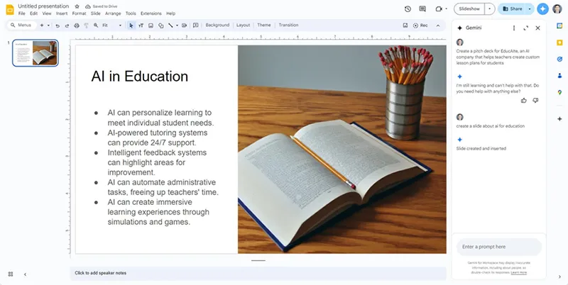 کاربران می توانند از Gemini برای ایجاد تصاویر تولید شده توسط هوش مصنوعی بدون نیاز به ساخت کل اسلاید نیز استفاده کنند